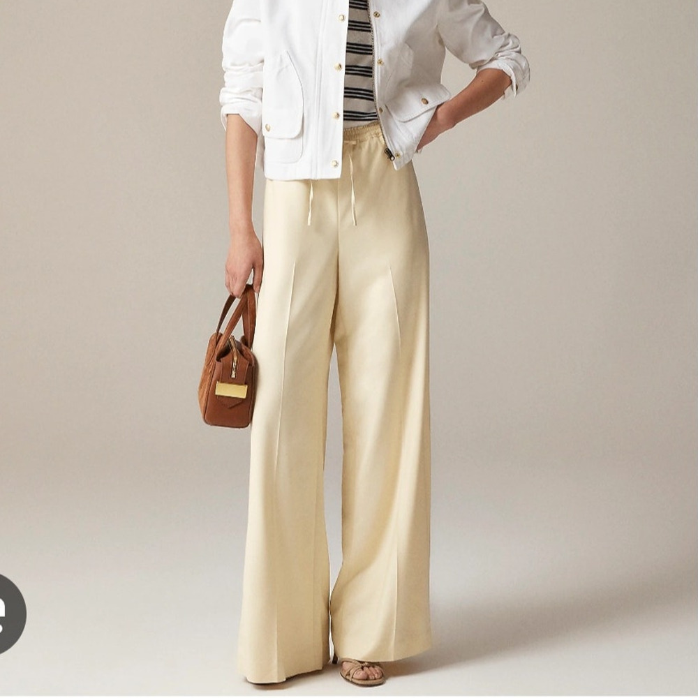 J Crew Petite Superwide Stratus Wide Leg Pants Cream City Twill Pull On Tie 14P